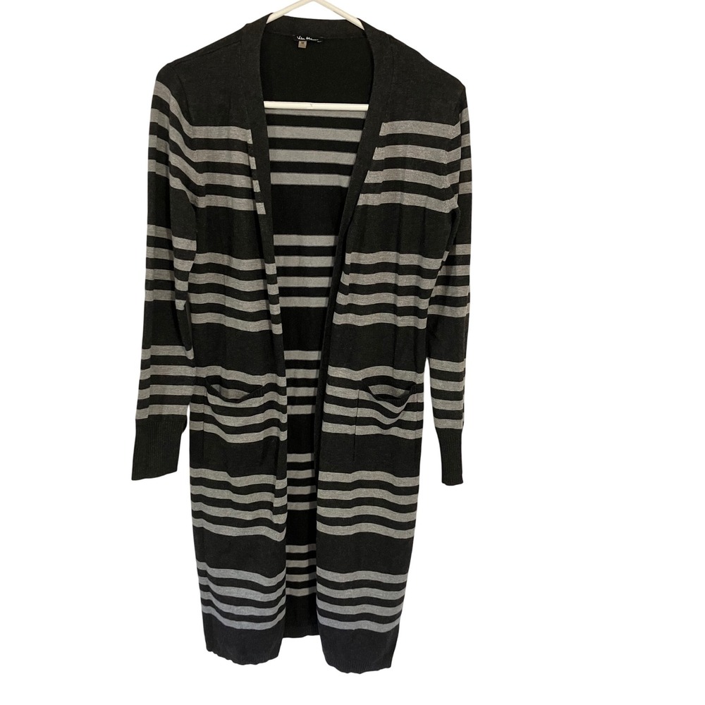 Vila Milano Women's Gray Striped Open Front Duster Cardigan - Medium